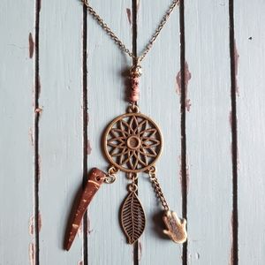 Handmade Bohemian Wood + Leaf + Hamsa Boho Zen Rustic Antique Necklace
